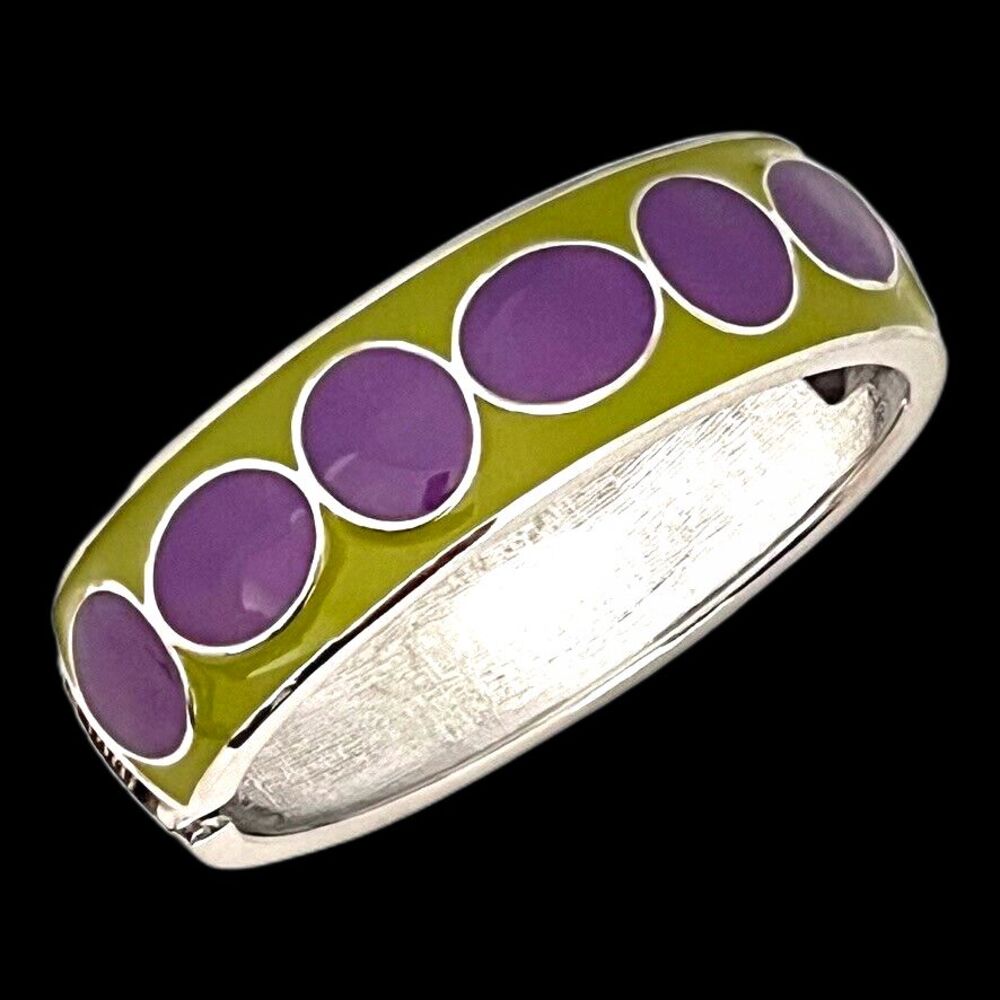New Enamel Bangle Bracelet Hinged Silver Tone Purple & Green Spring Street - 8H